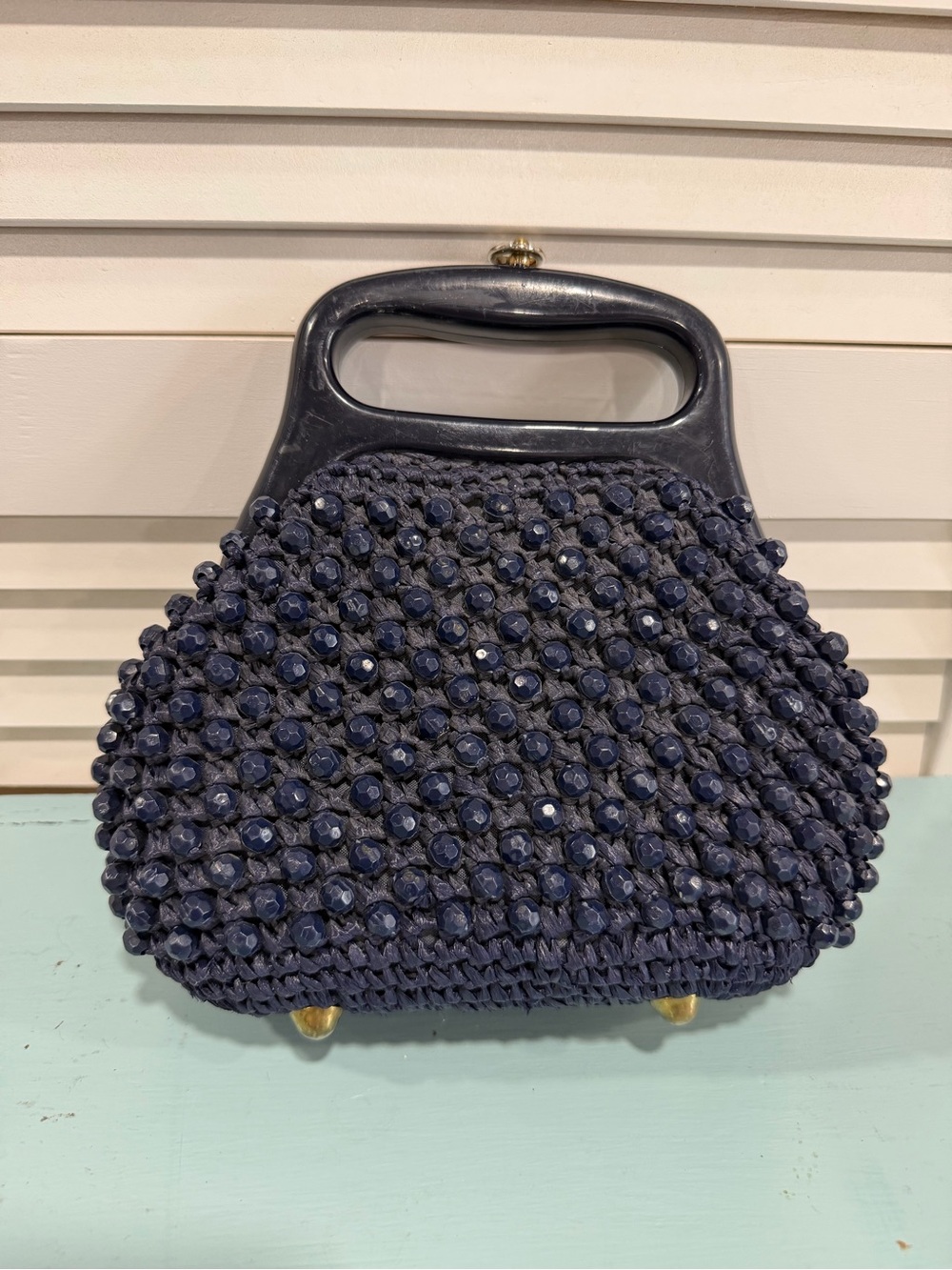 Vintage Navy Beaded Handle Evening Bag